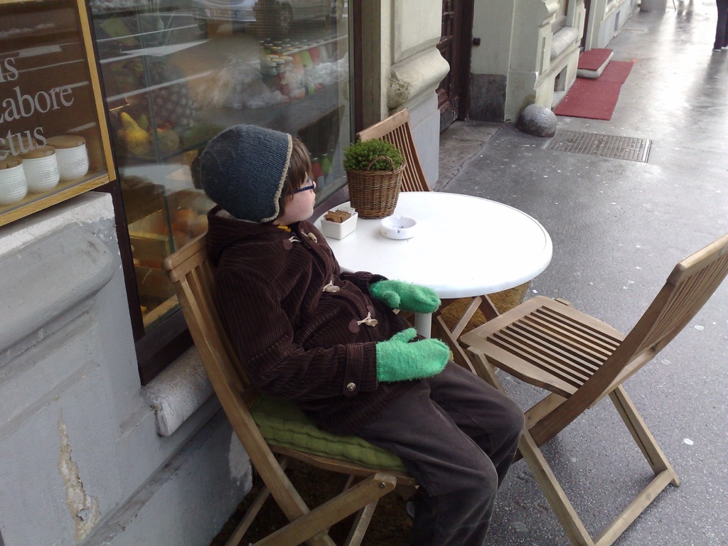 Photo of Oliver, in winter gear, in Ljubljana