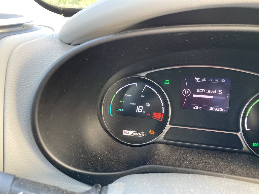 Kia Soul EV dash showing 18 km of range.