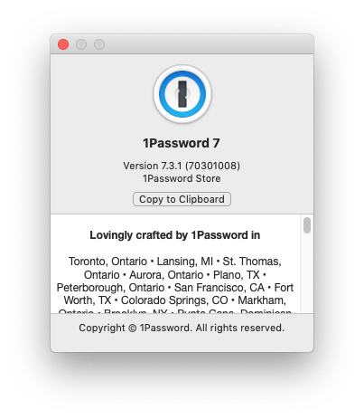 Screen shot of the 1Password about box.
