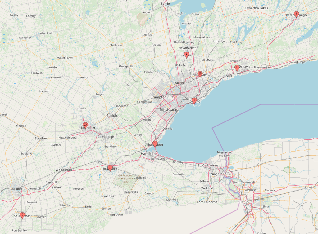 Map of 1Password workers in southern Ontario.