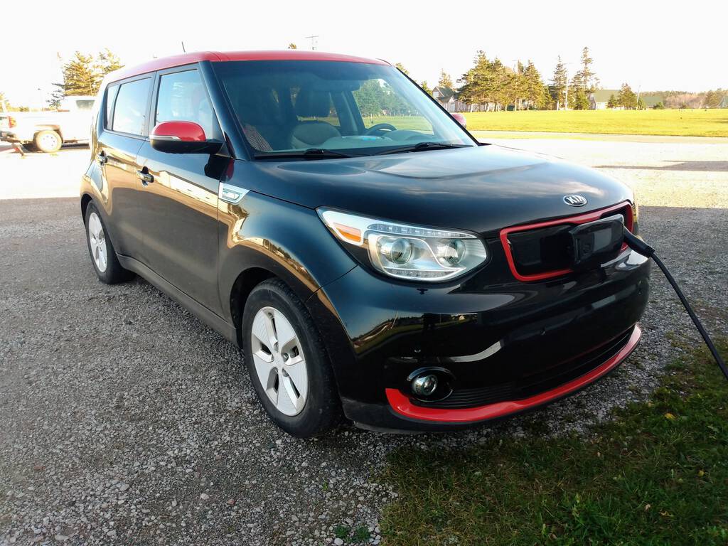 Kia Soul charging at the Parks Canada charge point at Dalvay.