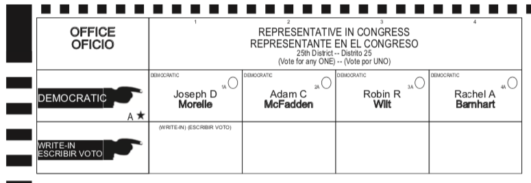 Detail from New York 25th Democratic primary congressional ballot, 2018.