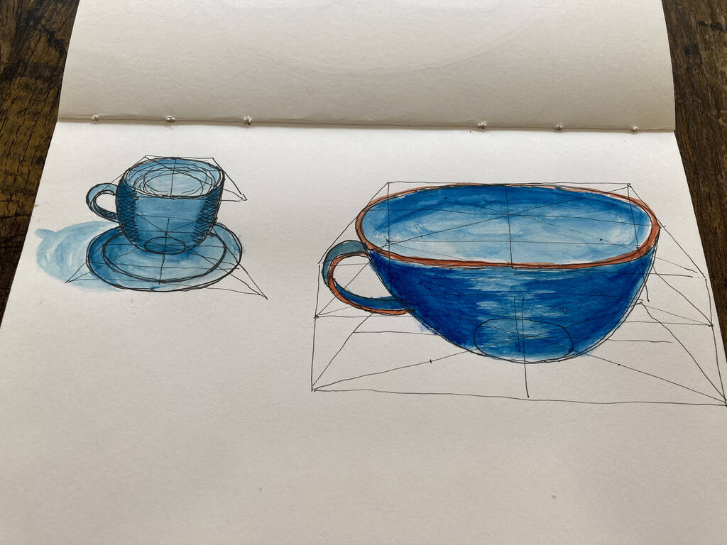 A sketch of two mugs.