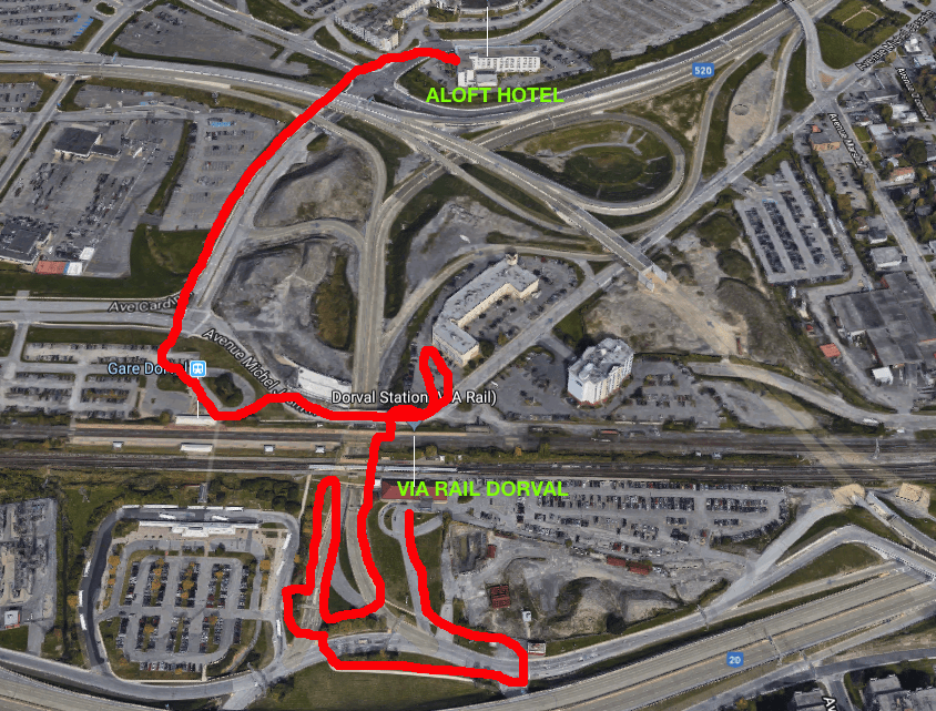 Route of walk from VIA Rail Dorval to Aloft Hotel