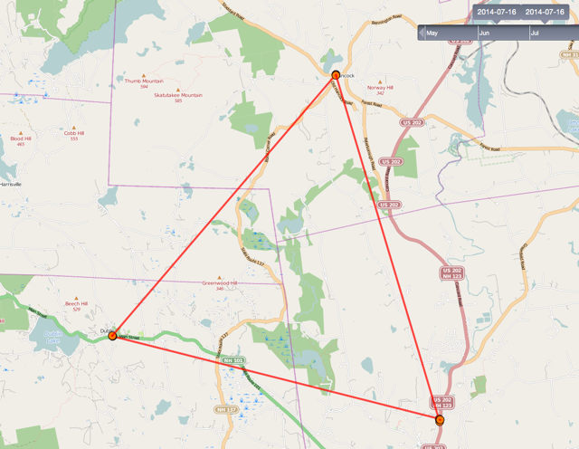 Map of southern New Hampshire showing my location on July 16.