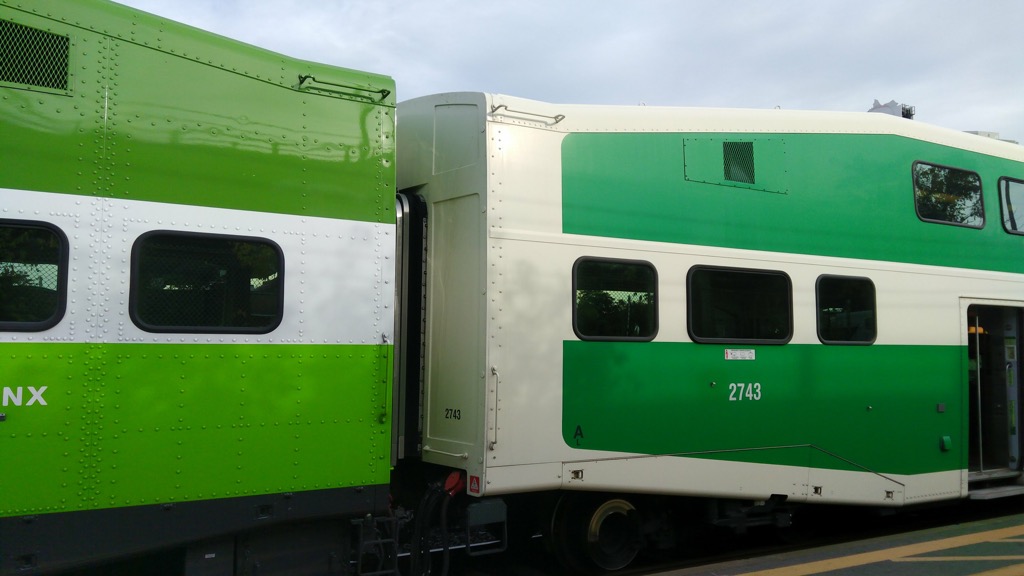 All the GO Transit Colours on two train cars