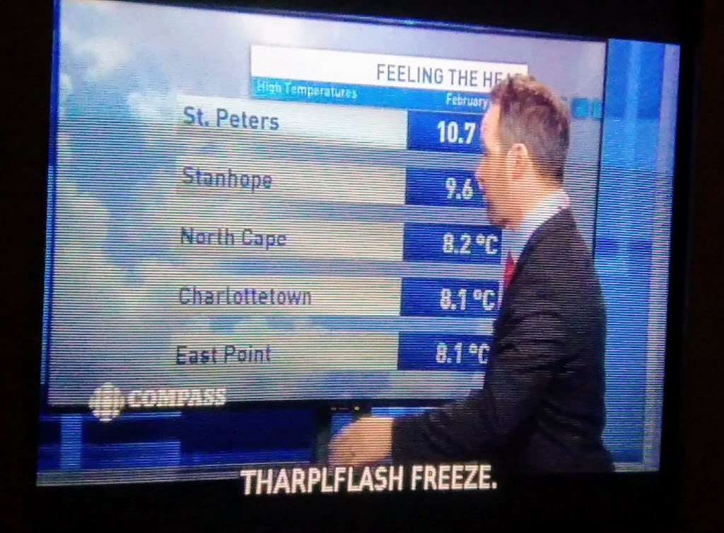 Screen shot of CBC weather forecast with closed caption "Tharpflash Freeze"