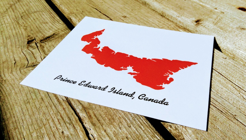 PEI Postcard (red outline of PEI with Prince Edward Island in Kaufman Bold typeface below)