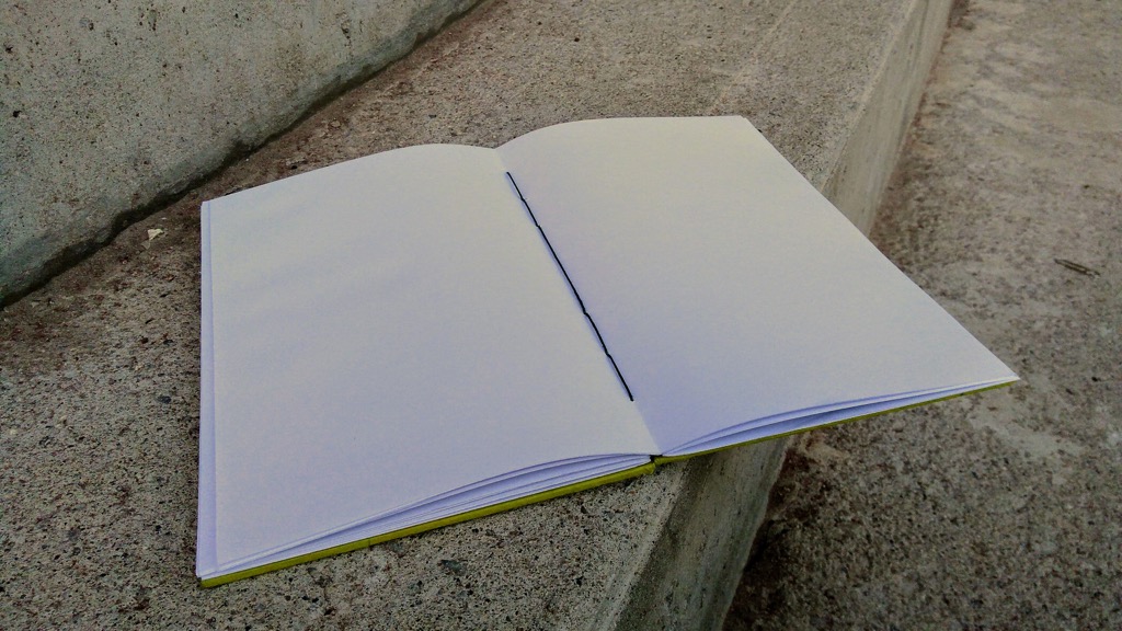 Coptic-bound book laying open, flat