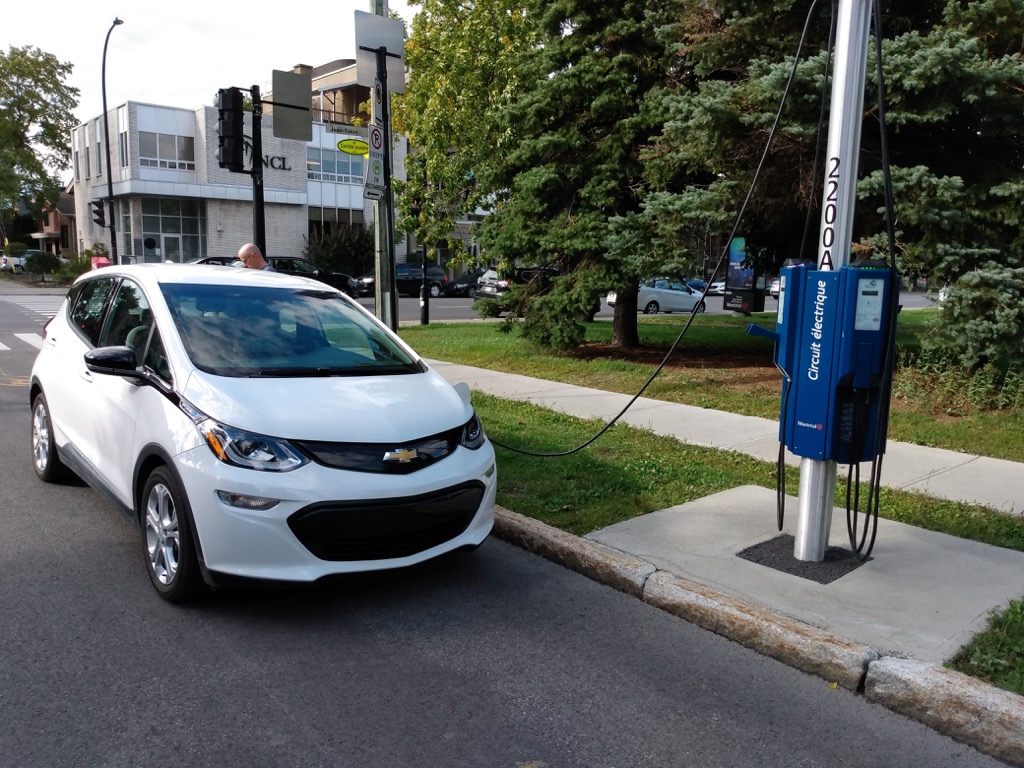 Charging my Chevy Bolt at an Electric Circuit charger in Montreal.