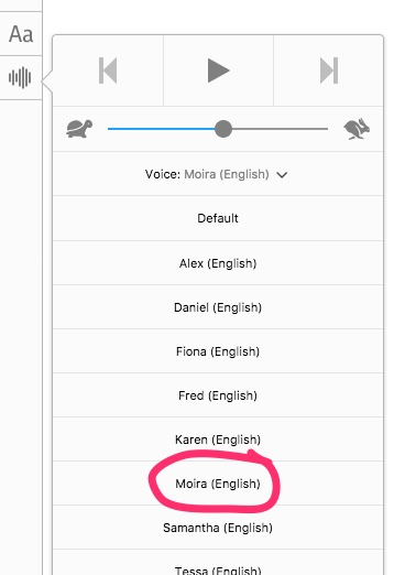 Screen shot of voice selection in Reader View in Firefox