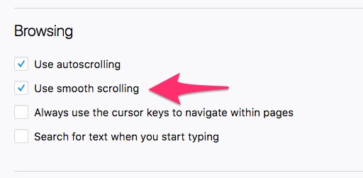 Firefox Preference showing "Use smooth scrolling"