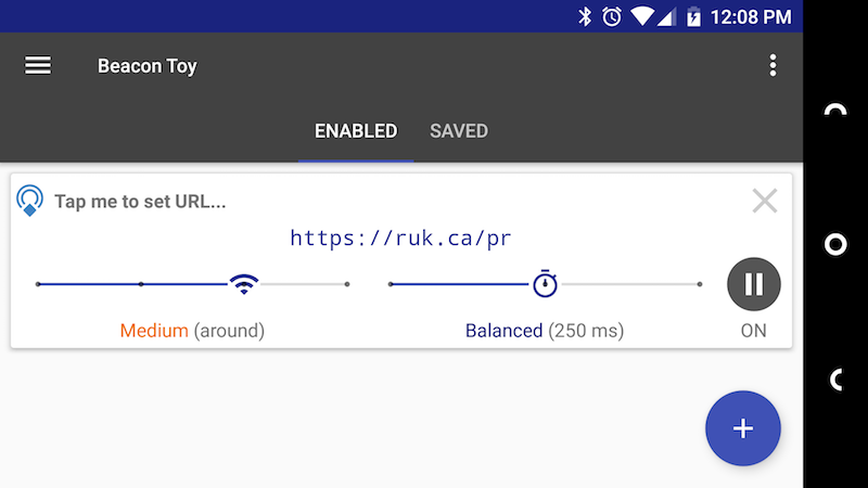 Screen shot of Beacon Toy app running on my phone.
