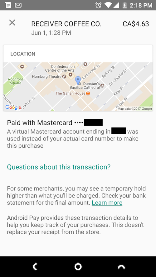 Screen shot of Android Pay (my first usage)