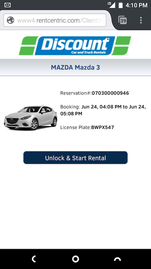Screen shot of my mobile phone showing rentcentric.com car unlocking