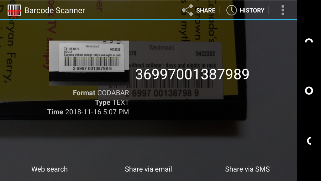 Screen shot of Android barcode reader that's scanned the barcode on the book