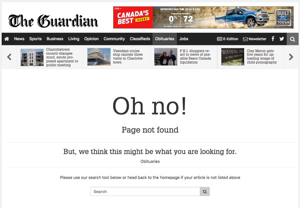 404 Page for Obituaries on The Guardian