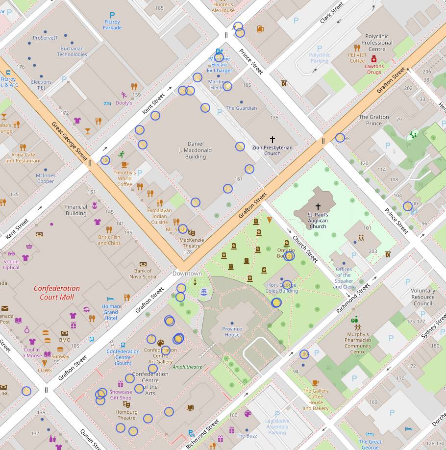 An Overpass Turbo map showing the locations of all 47 cameras in our neighbourhood.