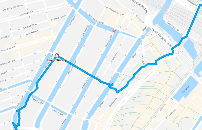 Map showing the location of the IKEA photo, and of our route through Amsterdam.