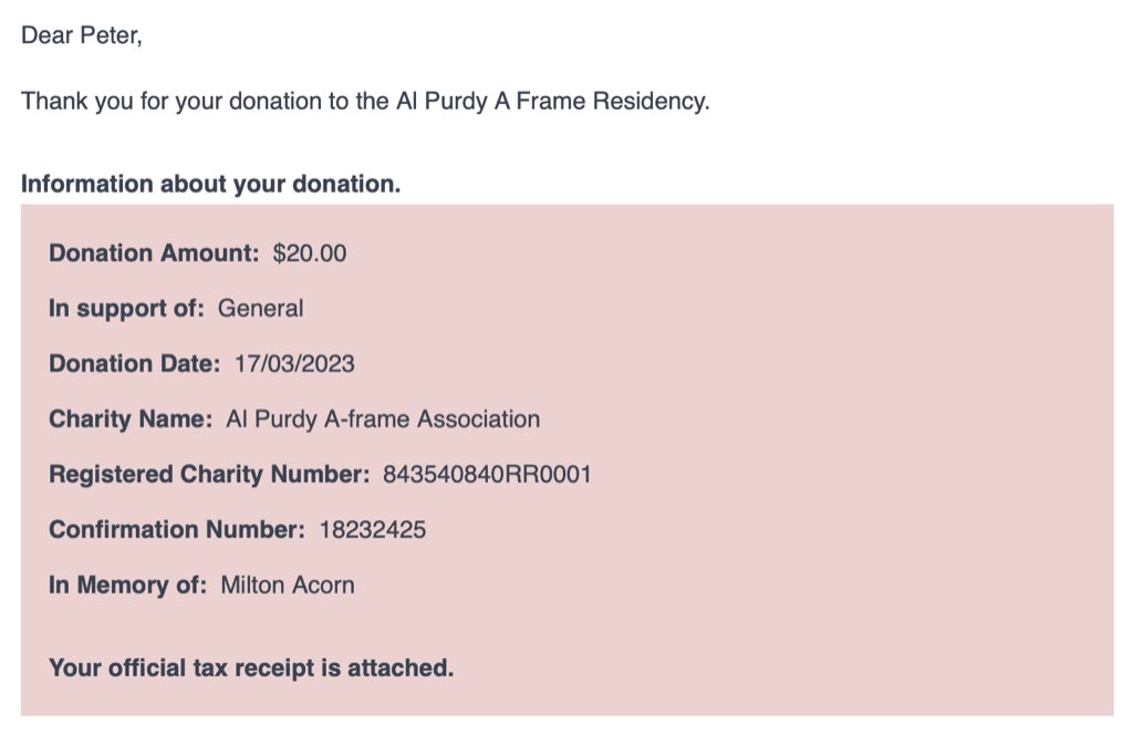 Screen shot of my donation receipt from making a $20 donation to the Al Purdy A-Frame Foundation campaign.