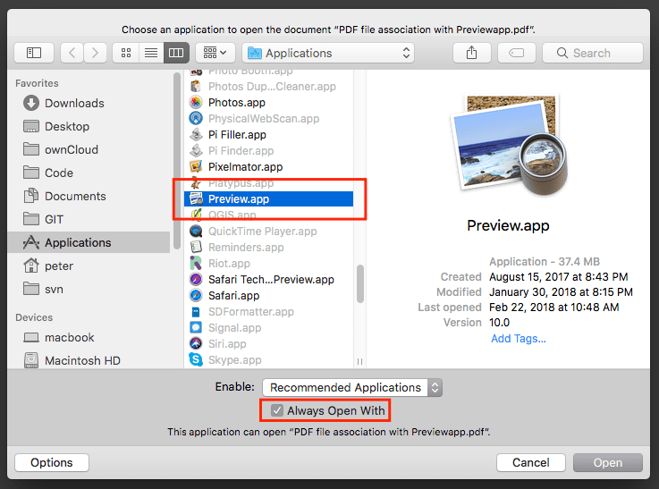Always Open With dialog on a Mac