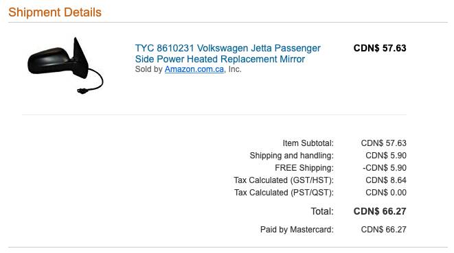 Invoice for replacement mirror from Amazon.ca, showing total price of $66.27.