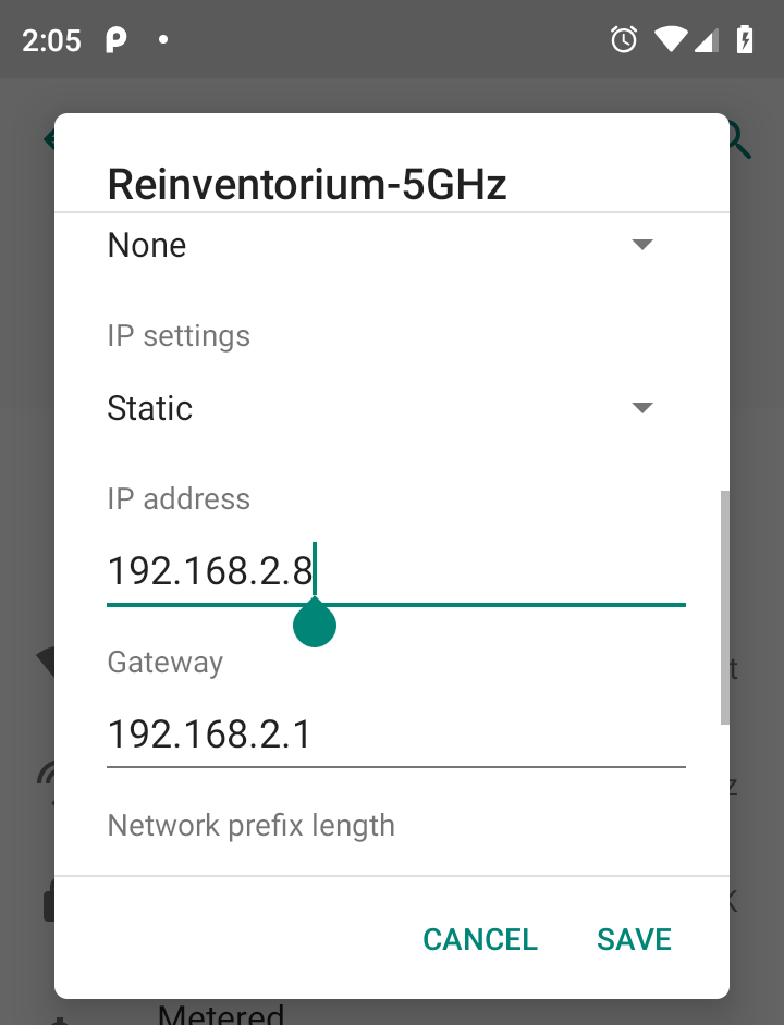 Android screen shot showing setting a static IP address