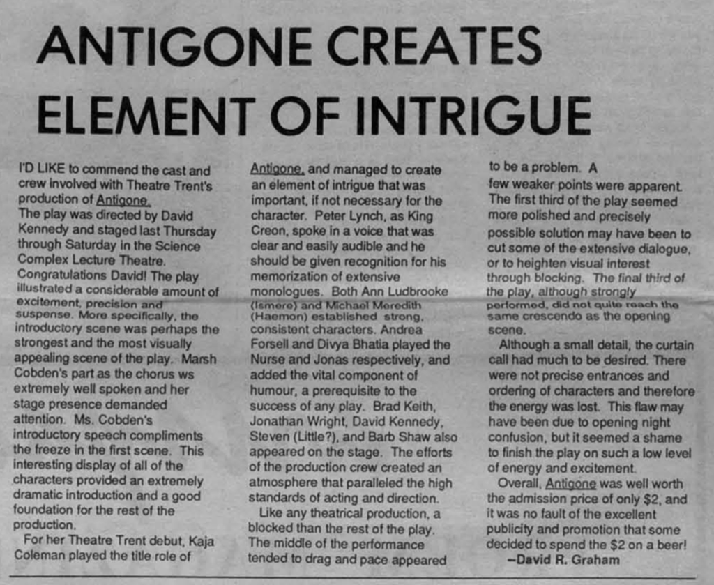 Antigone review from Arthur, 1986