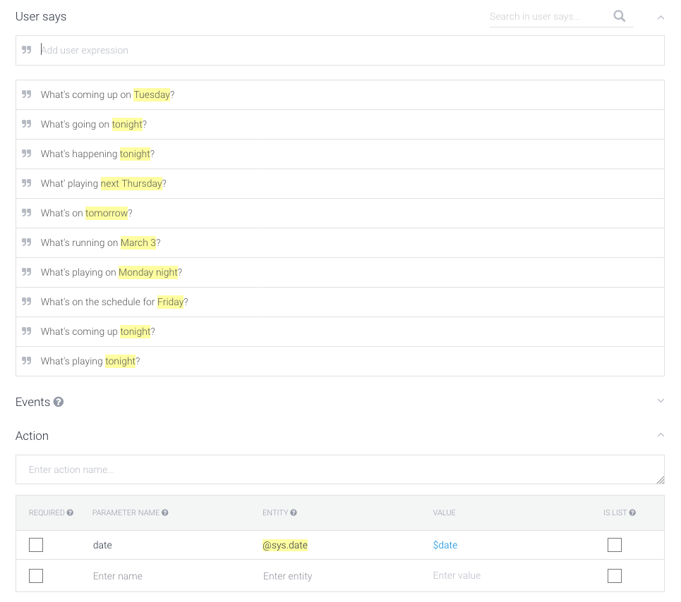 Screen shot of the API.ai intent creation screen.