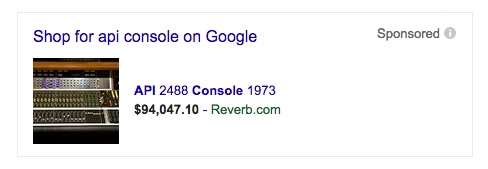 Screen show of a Google AdWords ad showing an API 2488 Console 1973 mixing board for $94,047.10