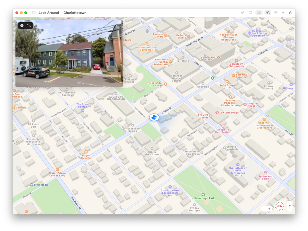 Screen shot of Apple Maps in Charlottetown showing my house in "street view" in the top-left, and the 3D rendering of downtown.
