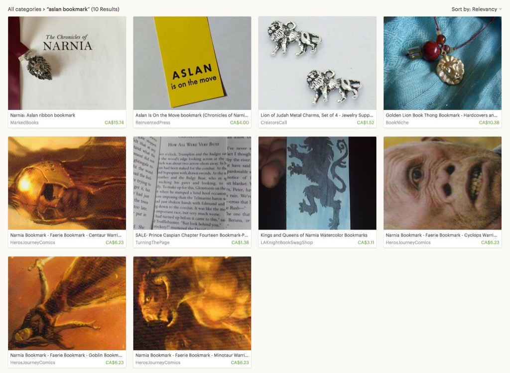 Screen shot of a search for Aslan Bookmark on Etsy