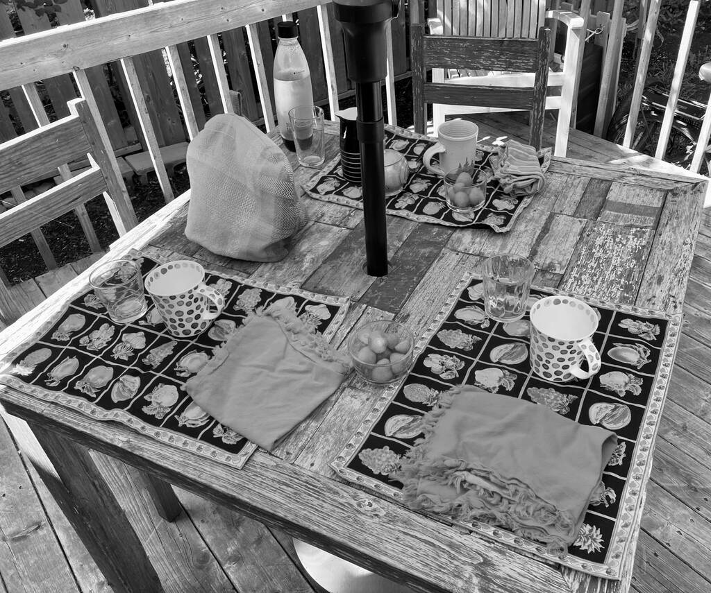 Table on our back deck set for a guest.