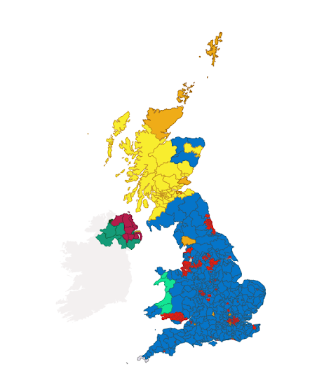 Screen shot from BBC news showing geographic representation of results