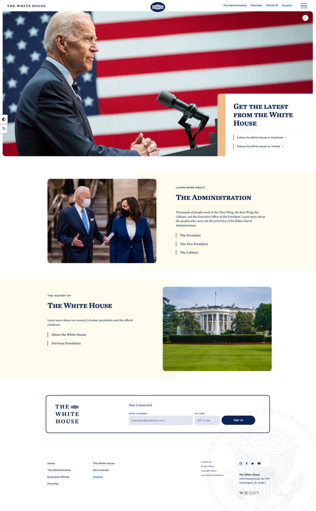 Screen shot of Whitehouse.gov on the afternoon of January 20, 2021