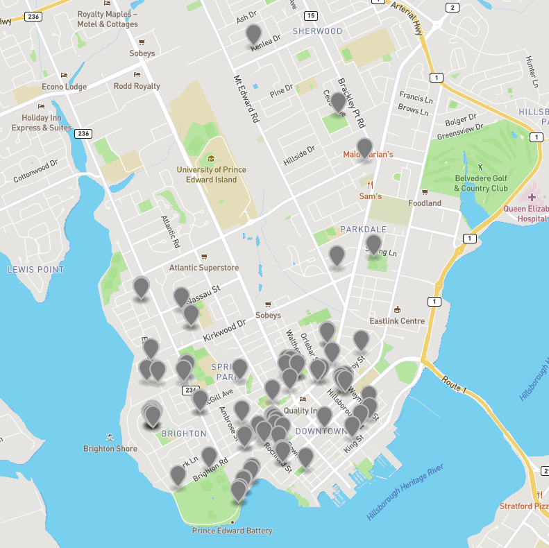 Map of downtown Charlottetown showing the locations, with a grey marker, of every one of the 73 trees with a diameter of more than 1 metre.