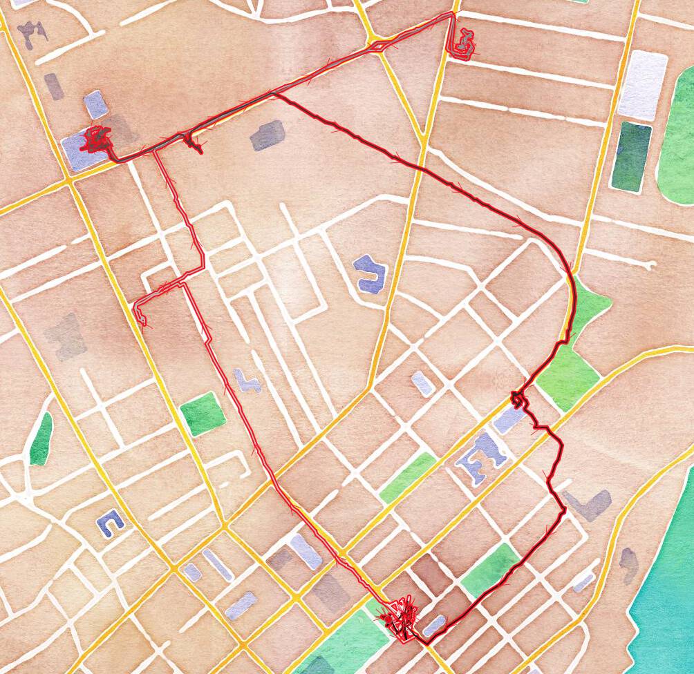 Watercolour-style map showing my bicycle route around Charlottetown this morning.