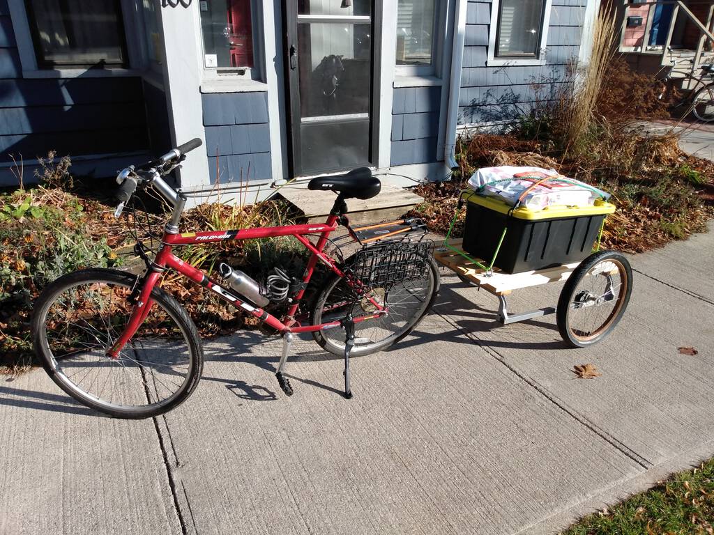 My bicycle and trailer, loaded up from a shopping trip this morning