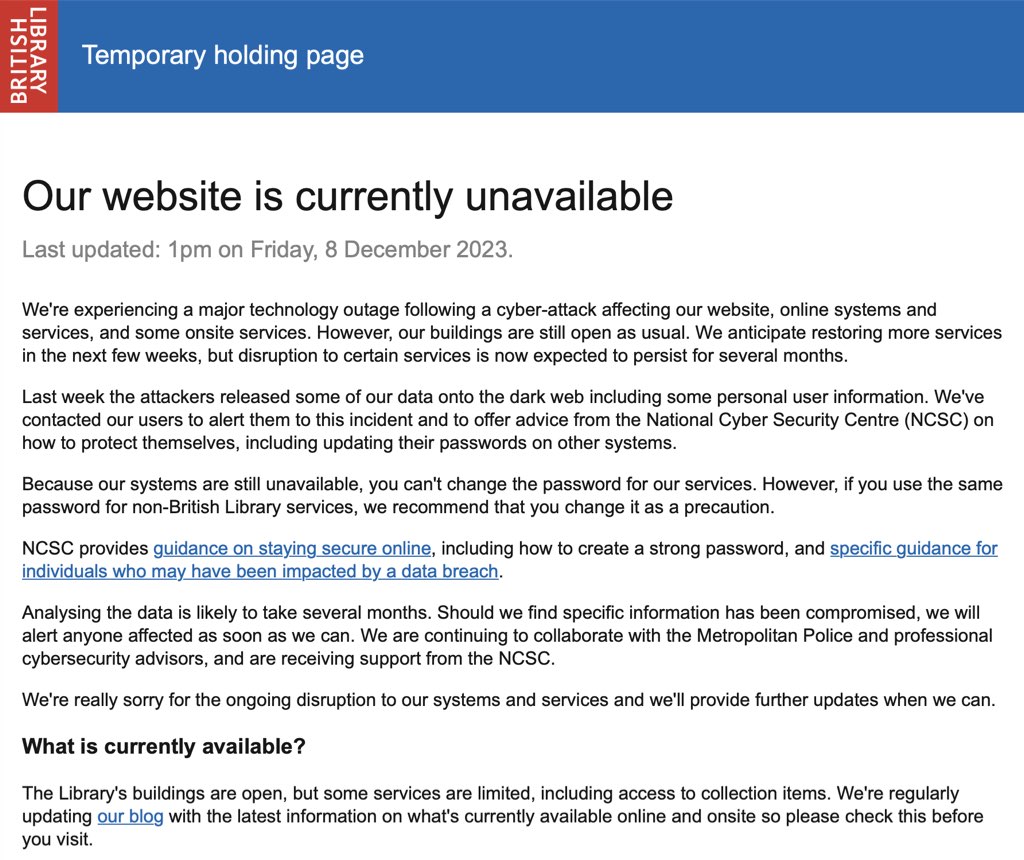 Screen shot of the British Library website, showing "temporary holding page" and an explanation thereof.
