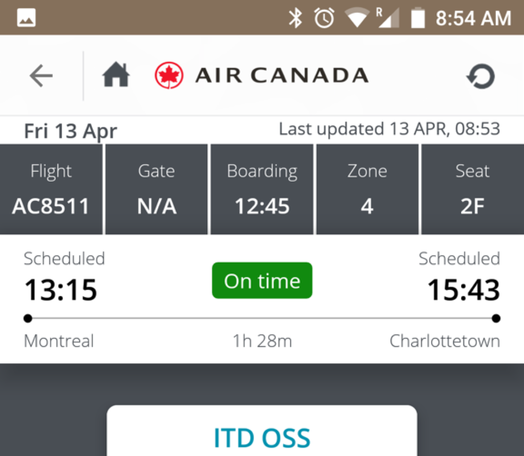 My Air Canada Boarding Pass, showing ITD OSS above the QR code