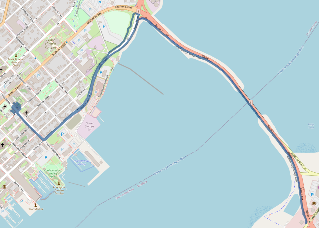 OpenStreetMaps overlaid with my PhoneTrack breadcrumbs showing ride across the bridge and back.