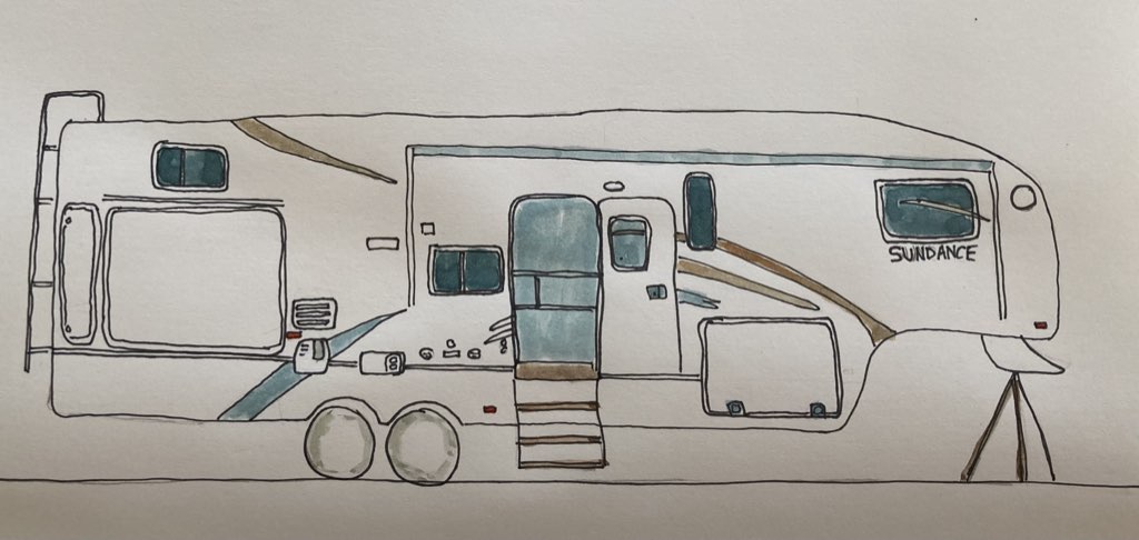 A pen and watercolour sketch of our camper