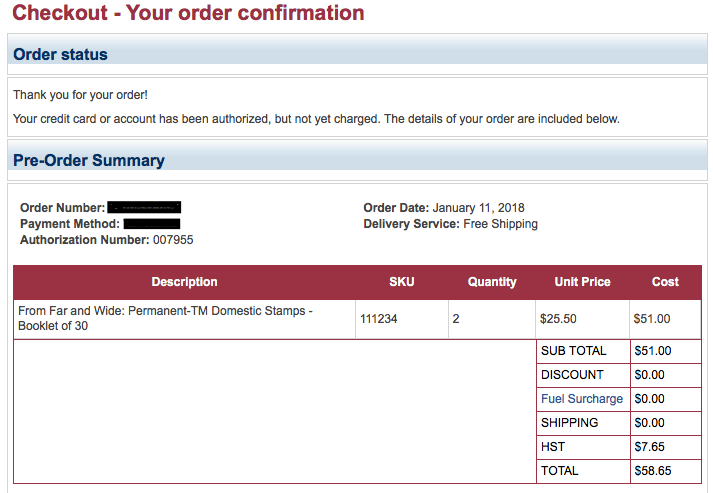 Screen shot of Canada Post order confirmation email