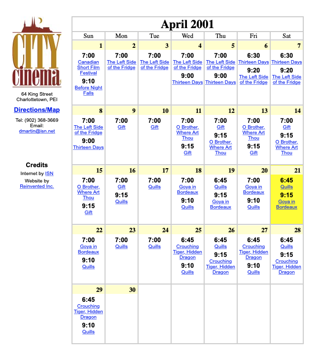 Screen shot of City Cinema website, with calendar view, from April 2001
