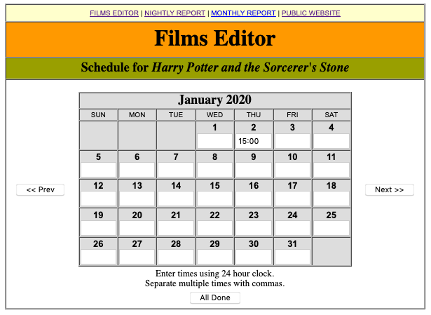 Screen shot of City Cinema film schedule editor.