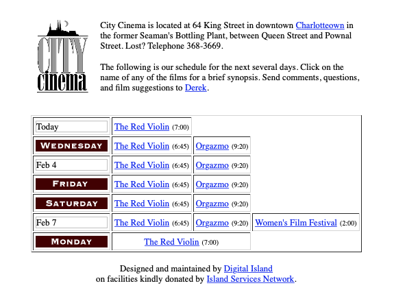 City Cinema website screen shot circa 1999.