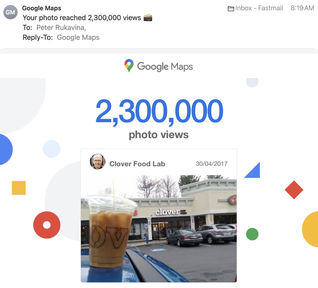 Screen shot of an email from Google Maps with text "Congrats! Your post just reached a new milestone. It’s now been viewed over 2,300,000 times, helping lots of people get the information that they need."