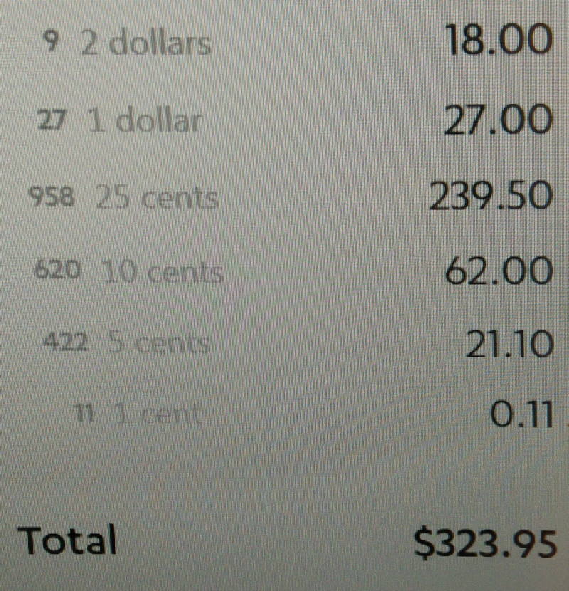 Screen shot of Coinstar machine showing totals per denomination