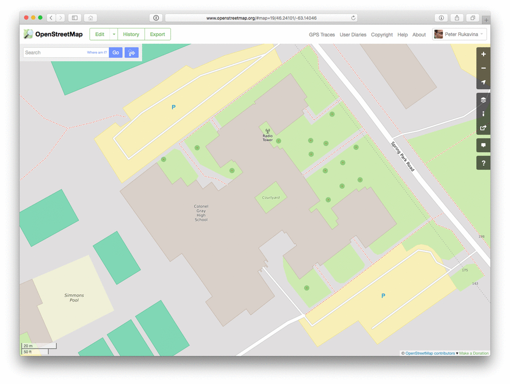 Animated view of OpenStreetMap.org changes to Colonel Gray High School.