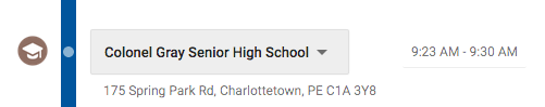 Screen shot of Google Location History, showing a 9:23 arrival time at Colonel Gray High School.